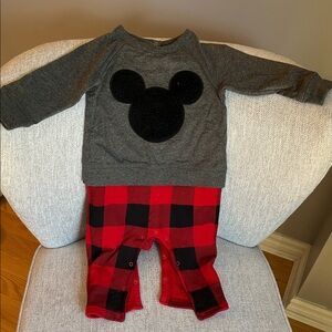 Baby Gap Mickey Gray and Red Plaid Baby Outfit